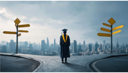 student in graduate robe stands at crossroads